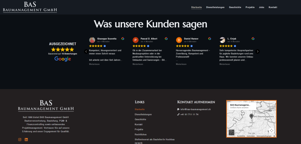 Website-Screenshot: Abschnitt „Was unsere Kunden sagen“ mit Google-Bewertungen (5 Sterne, 16 Rezensionen) und darunter Footer mit Kontaktdaten, Links und Karte.