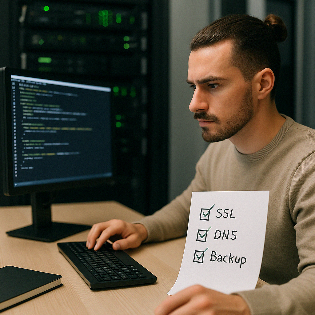 IT-Administrator arbeitet konzentriert am Computer in einem Serverraum. Neben ihm liegt ein Blatt Papier mit einer Checkliste, auf der SSL, DNS und Backup abgehakt sind.