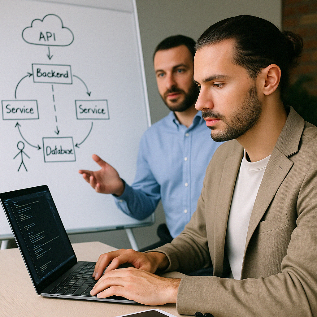 Zwei Männer arbeiten gemeinsam an einer Softwarearchitektur. Im Vordergrund tippt einer auf einem Laptop mit Code auf dem Bildschirm, im Hintergrund erklärt der andere an einem Whiteboard mit einer Skizze, die API, Backend, Services und Datenbank zeigt.