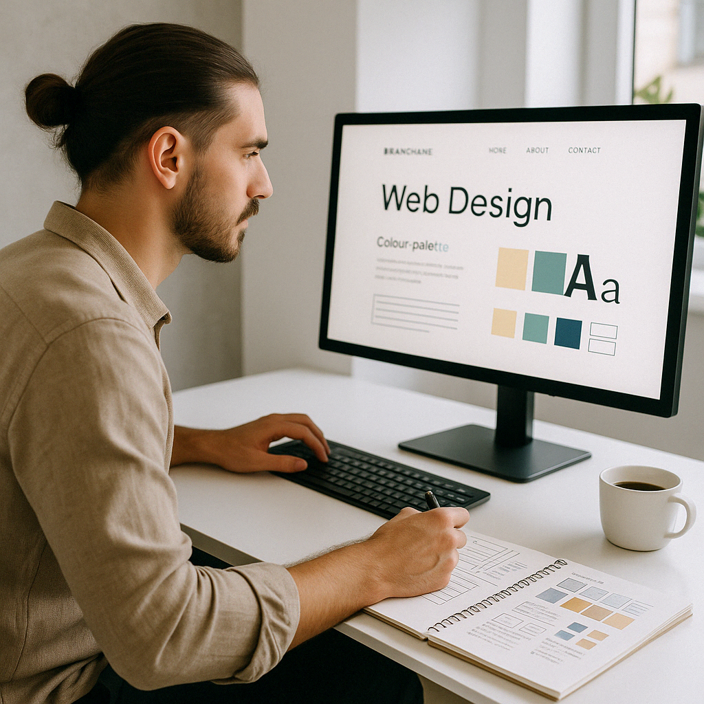 Mann arbeitet am Computer an einem Webdesign-Projekt, betrachtet Farbpalette und Typografie auf dem Bildschirm und macht Notizen in einem Skizzenbuch.