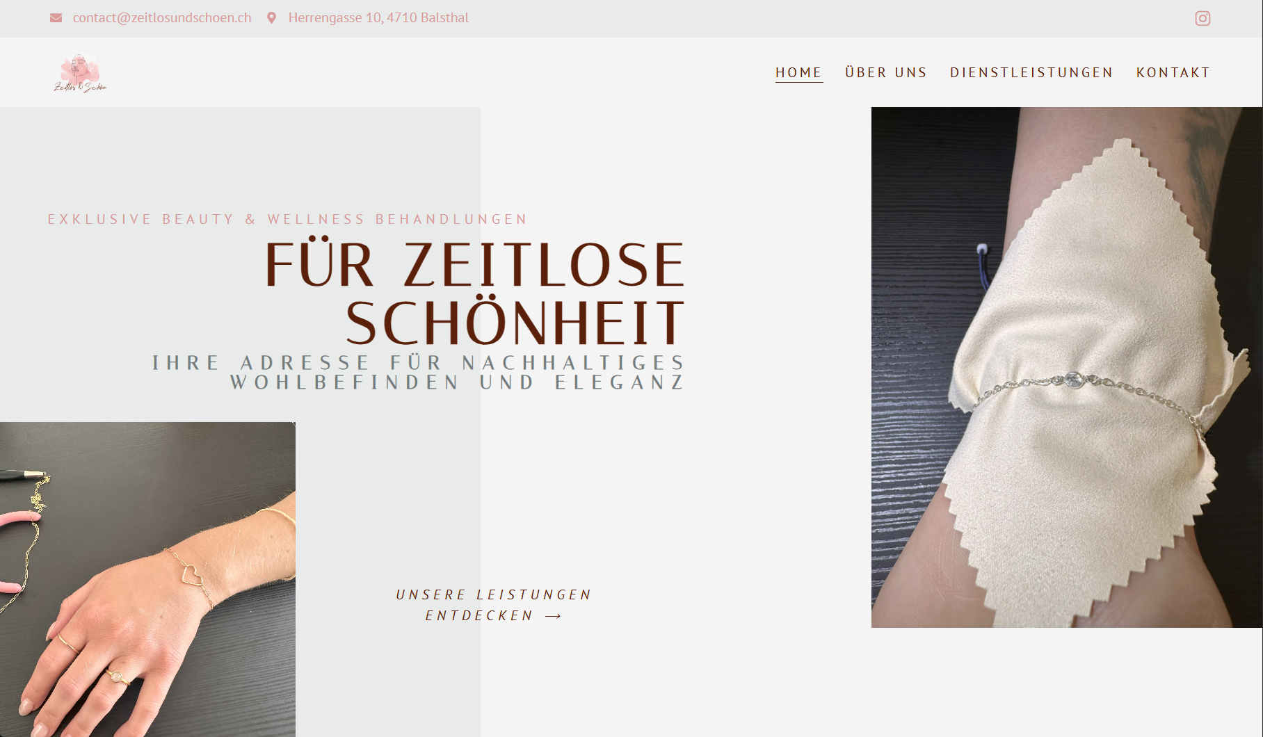 Website-Ausschnitt von zeitlosundschoen.ch mit femininem Design und Schmuckpräsentation