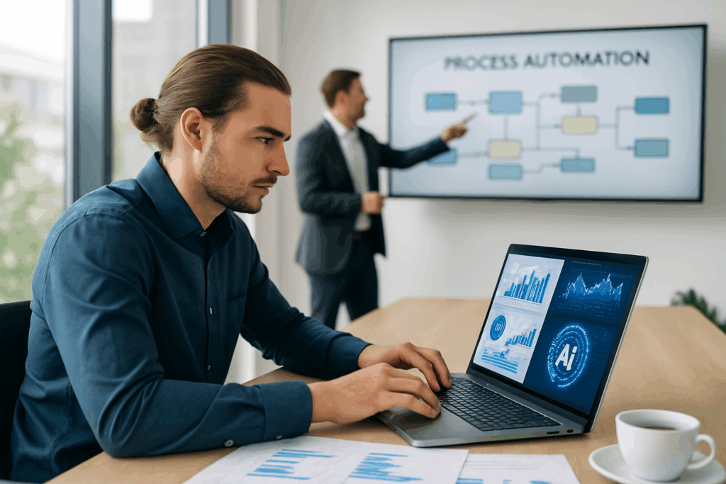 Zwei Männer in einem modernen Büro arbeiten an Prozessautomatisierung. Im Vordergrund tippt einer auf einem Laptop mit Diagrammen und AI-Grafik, im Hintergrund erklärt der andere ein Flussdiagramm auf einem großen Bildschirm mit der Überschrift 'Process Automation'.