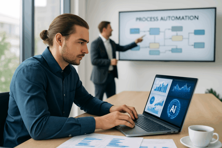 Zwei Männer in einem modernen Büro arbeiten an Prozessautomatisierung. Im Vordergrund tippt einer auf einem Laptop mit Diagrammen und AI-Grafik, im Hintergrund erklärt der andere ein Flussdiagramm auf einem großen Bildschirm mit der Überschrift 'Process Automation'.