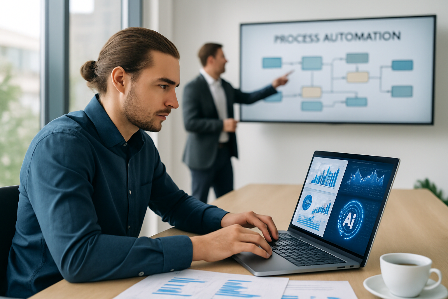 Zwei Männer in einem modernen Büro arbeiten an Prozessautomatisierung. Im Vordergrund tippt einer auf einem Laptop mit Diagrammen und AI-Grafik, im Hintergrund erklärt der andere ein Flussdiagramm auf einem großen Bildschirm mit der Überschrift 'Process Automation'.