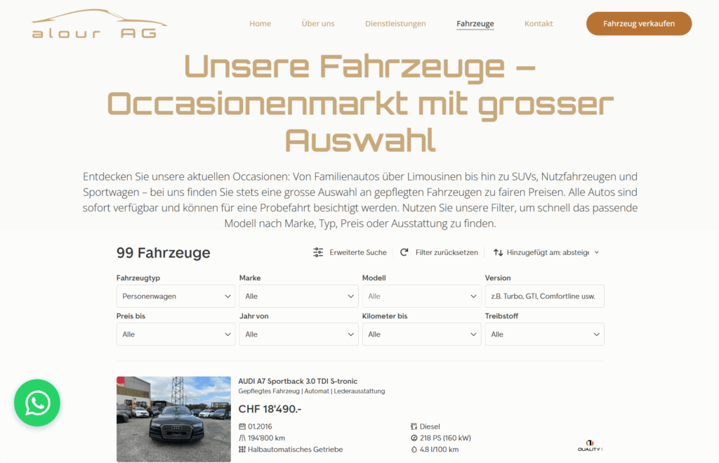 Screenshot von "Fahrzeuge"-Seite der alour AG