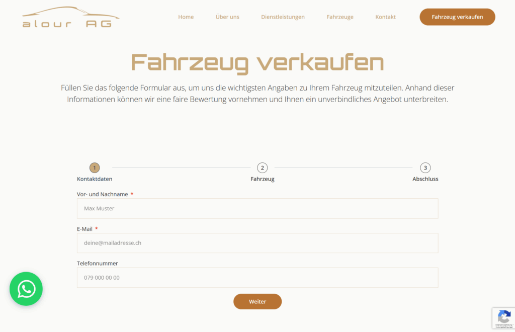 Screenshot des Verkaufsformular der alour AG