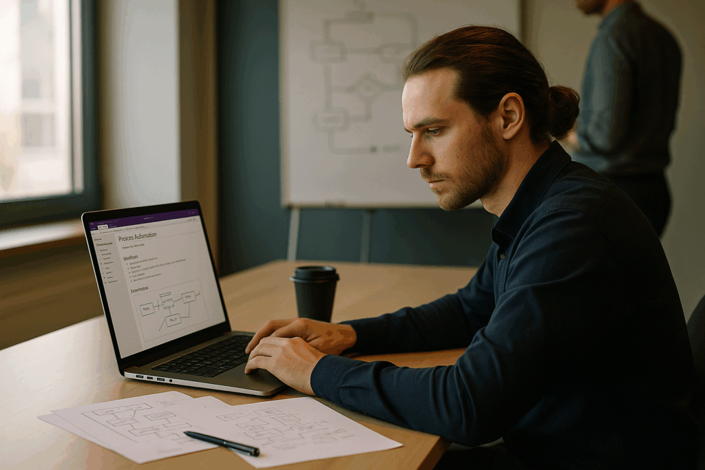 Ein konzentrierter Softwareingenieur mit zusammengebundenen Haaren und dunklem Bart arbeitet an einem Laptop in einem modernen Büro. Auf dem Bildschirm ist Microsoft OneNote mit Notizen und einem Prozessdiagramm zu sehen. Auf dem Tisch liegen ausgedruckte Flussdiagramme, ein Stift und eine Kaffeetasse. Im Hintergrund steht ein Kollege vor einem Whiteboard mit einer handgezeichneten Skizze eines Automatisierungsprozesses. Natürliches Tageslicht fällt durch das Fenster und erzeugt weiche Schatten.