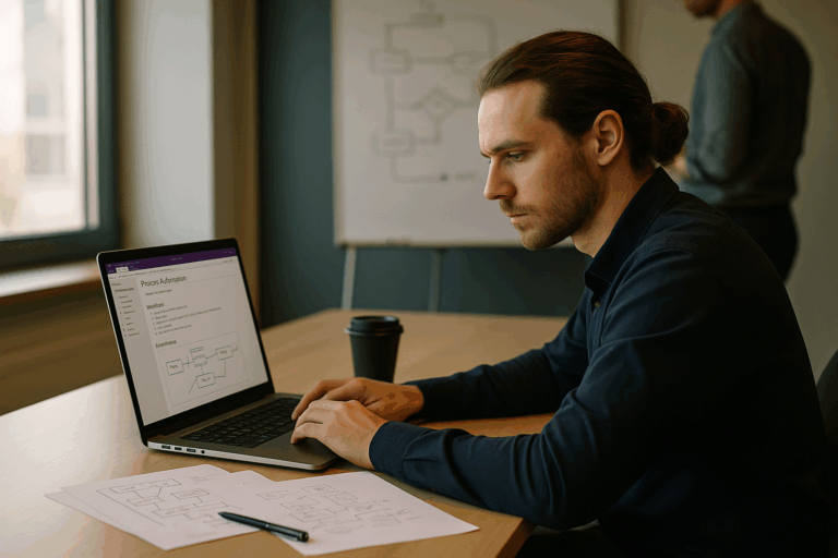 Ein konzentrierter Softwareingenieur mit zusammengebundenen Haaren und dunklem Bart arbeitet an einem Laptop in einem modernen Büro. Auf dem Bildschirm ist Microsoft OneNote mit Notizen und einem Prozessdiagramm zu sehen. Auf dem Tisch liegen ausgedruckte Flussdiagramme, ein Stift und eine Kaffeetasse. Im Hintergrund steht ein Kollege vor einem Whiteboard mit einer handgezeichneten Skizze eines Automatisierungsprozesses. Natürliches Tageslicht fällt durch das Fenster und erzeugt weiche Schatten.