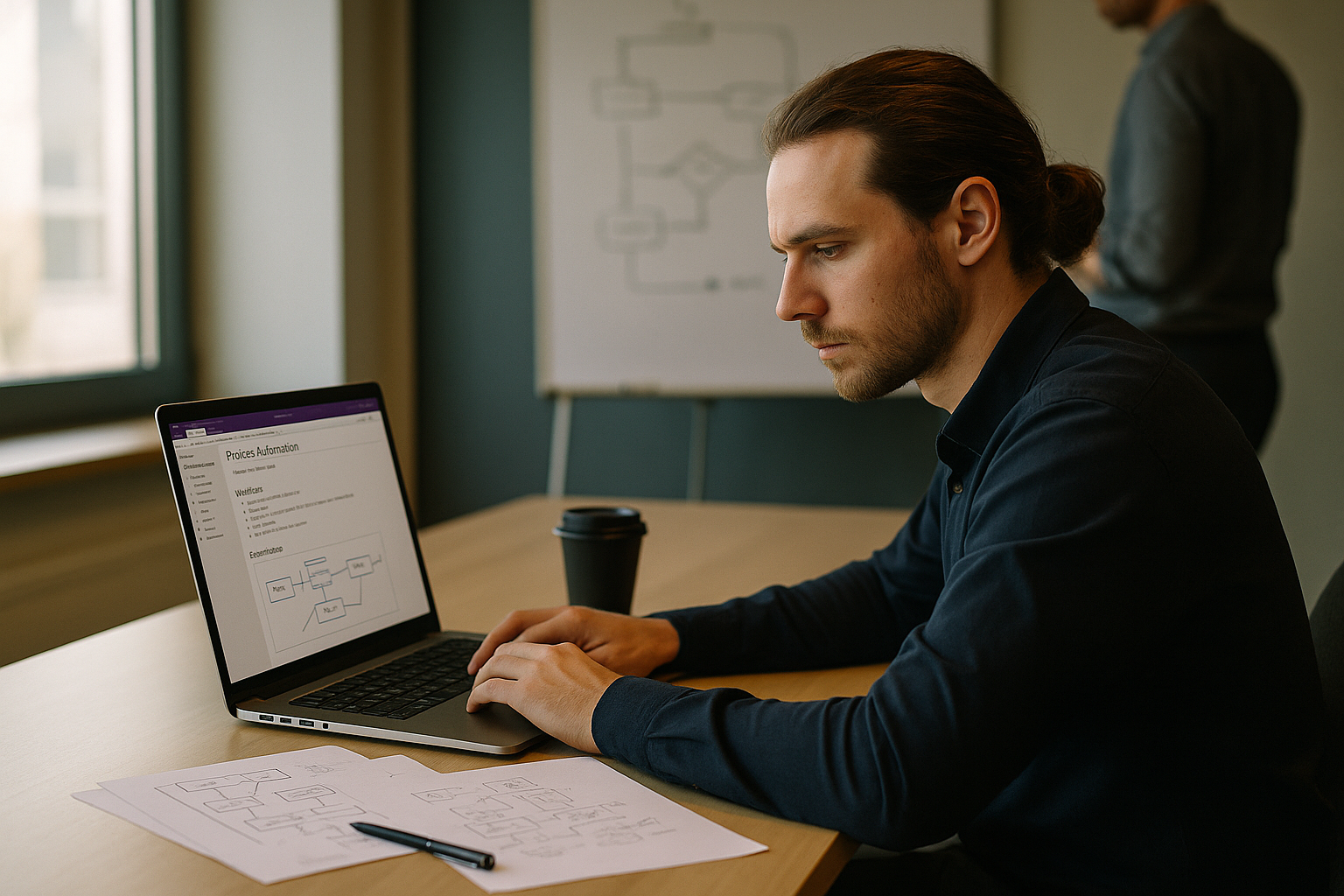 Ein konzentrierter Softwareingenieur mit zusammengebundenen Haaren und dunklem Bart arbeitet an einem Laptop in einem modernen Büro. Auf dem Bildschirm ist Microsoft OneNote mit Notizen und einem Prozessdiagramm zu sehen. Auf dem Tisch liegen ausgedruckte Flussdiagramme, ein Stift und eine Kaffeetasse. Im Hintergrund steht ein Kollege vor einem Whiteboard mit einer handgezeichneten Skizze eines Automatisierungsprozesses. Natürliches Tageslicht fällt durch das Fenster und erzeugt weiche Schatten.