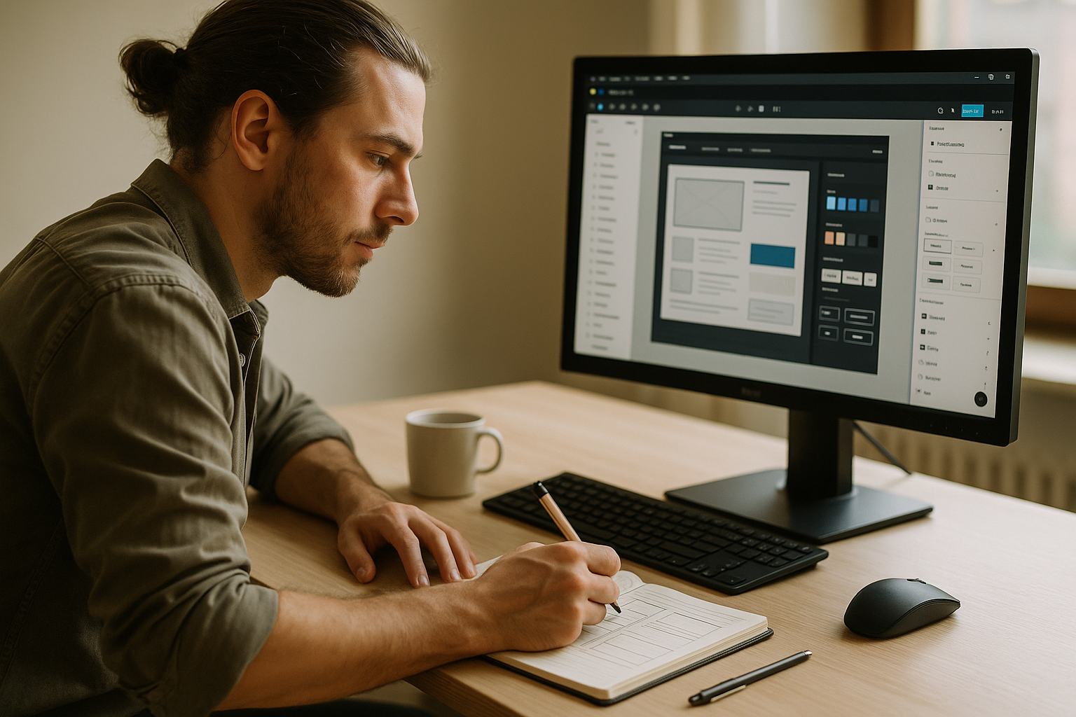 Ein junger männlicher Webdesigner mit zurückgebundenen Haaren und leichtem Bart sitzt an einem modernen Schreibtisch im Tageslicht. Er trägt ein neutrales Hemd mit hochgekrempelten Ärmeln, zeichnet Layout-Ideen in ein Notizbuch und blickt konzentriert auf einen grossen Monitor, auf dem eine UI-Design-Software wie Figma geöffnet ist. Neben Tastatur und Maus stehen eine Kaffeetasse und ein Stift, das Licht der nahen Fenster erzeugt weiche Schatten und eine warme, authentische Atmosphäre.