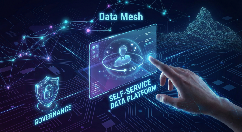 Eine futuristische digitale Schnittstelle zeigt die Begriffe "Data Mesh" oben, "Self-Service Data Platform" in der Mitte und "Governance" unten links. Eine Hand berührt einen virtuellen Bildschirm, auf dem ein Personensymbol von einem "360°"-Pfeil umgeben ist. Das Ganze ist vor einem komplexen Hintergrund aus leuchtenden Netzwerken, Datenpunkten und einer stilisierten digitalen Berglandschaft in Blautönen dargestellt.